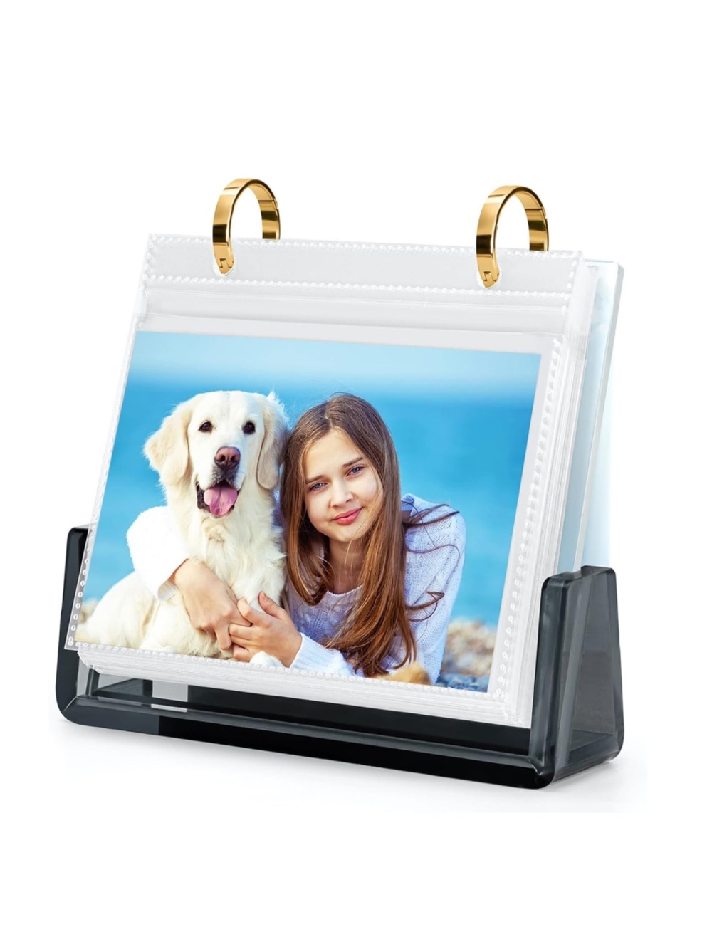 Photo Display Flip Frame with Gold Rings and Black Base